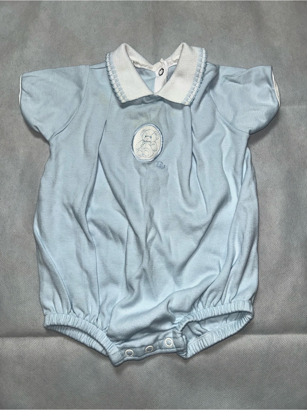 Baby Dior blue short sleeve one piece with embroidered bear size 6-9 months
